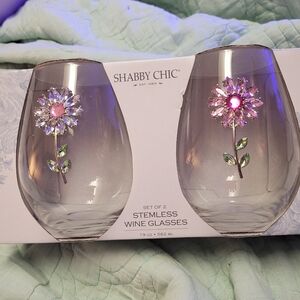 Shabby Chic Floral Stemless Wine Glasses with Pink and Green Accents